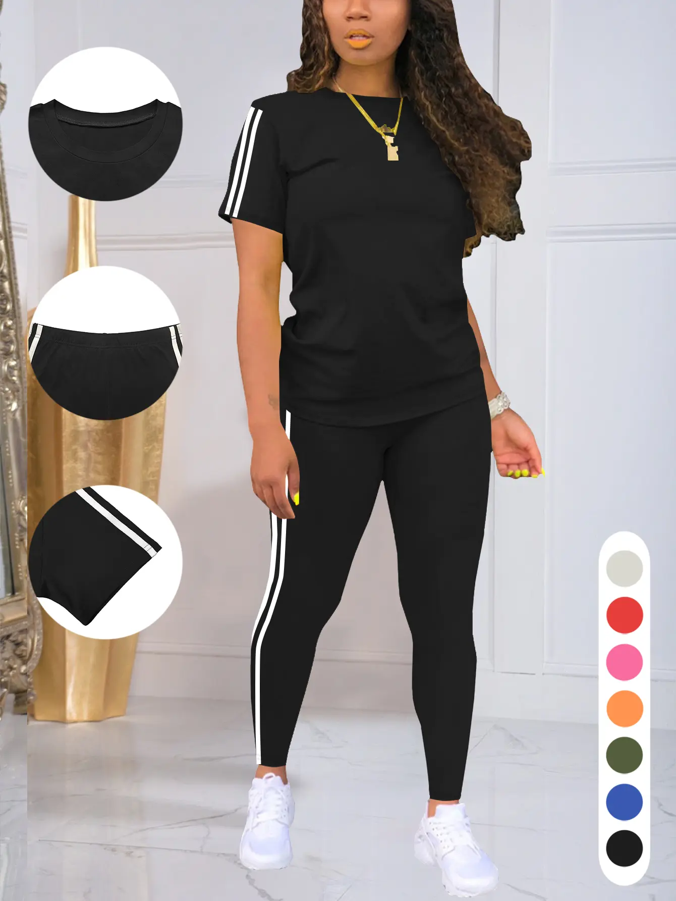 AUXDIO Women's 2-Piece Crew Neck Short-Sleeve T-Shirt & High-Waist Fitted Round Tight Leggings Set - Contrast Color Stripe, Slimming Figure-Flattering, Sporty Chic Athleisure, Activewear for Yoga, Running, Stretchy Basics