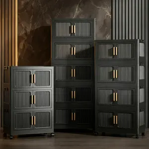 3/4/5 Tier Black Foldable Storage Cabinet with Double Doors & 360° Wheels – Modular Stackable Plastic Organizer with Handles, Tool-Free Assembly Collapsible Rolling Cabinet for Bedroom, Living Room, Kitchen Pantry & Home Organization, Space-Saving Design