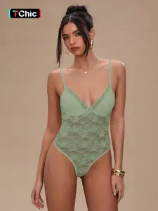 Women's Lace Romper V Neck Thin Straps Transparent Mesh Tight Fit Underwear Top, Sexy Slim-Fitting Clothing