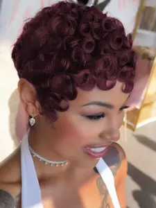 Pixie Cut Curly Human Hair Wigs for Black Women Short Layered Pixie Wigs With Bangs Dark 99j Color Summer Glueless Full Machine Made Short Curly Human Hair Wig Glueless Bob Wig No Glue Wig