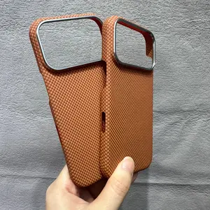 3pcs Set Ultra-Thin New Kevlar Aramid Fiber Full-Edge Magnetic Case with Premium Feel, Scratch-Resistant & Crack-Proof Design, High-End Fashionable Phone Protector - Compatible with iPhone 17, 17 Checkered Pattern-Orange Cover Cellphone