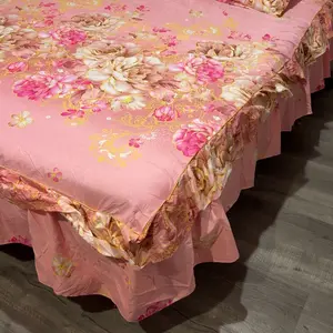 Floral Print Ruffled Edge Bed Skirt Set, 3-Count Set Including 1 Bed Skirt and 2 Pillowcases without Filler, Comfortable Bedding Set for Home Bedroom