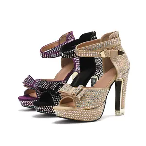 Sparkly Rhinestone Chunky Block Heels | Comfortable Platform Sandals with Ankle Strap & Back Zip | Perfect Wedding & Gala Dressy Shoes