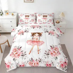 Stylish Cute Ballerina Girl Quilted Comforter Set, Includes 1 Quilt and 1 or 2 Coreless Pillowcase, Soft Microfiber Bedding, Whimsical Pink Rose Floral Print Warm Comfort Quilt, Modern Nursery Bedroom Decor for Girls