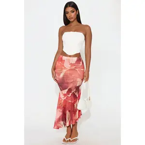 Destiny Asymmetrical Mesh Midi Skirt - Red/combo
