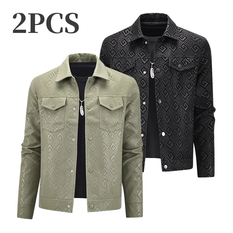 Men's Geometric Jacquard Work Jacket - Lightweight Windproof Utility Coat with Turn-Down Collar, 2 Flap Pockets, Front Zipper for Urban Everyday Layering