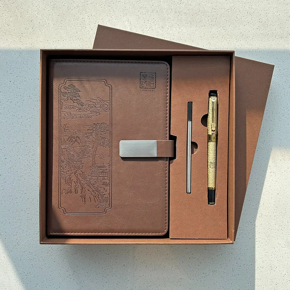 CHINSIKOL A5 Notebook Set with Pen Box, Retro Faux Leather Cover, Embossed Landscape Design, Vintage Journal, Notebook for Work, Office Record Keeping, Gift for Clients and Elders, Stationery Office Supplies, Aesthetic School Supplies