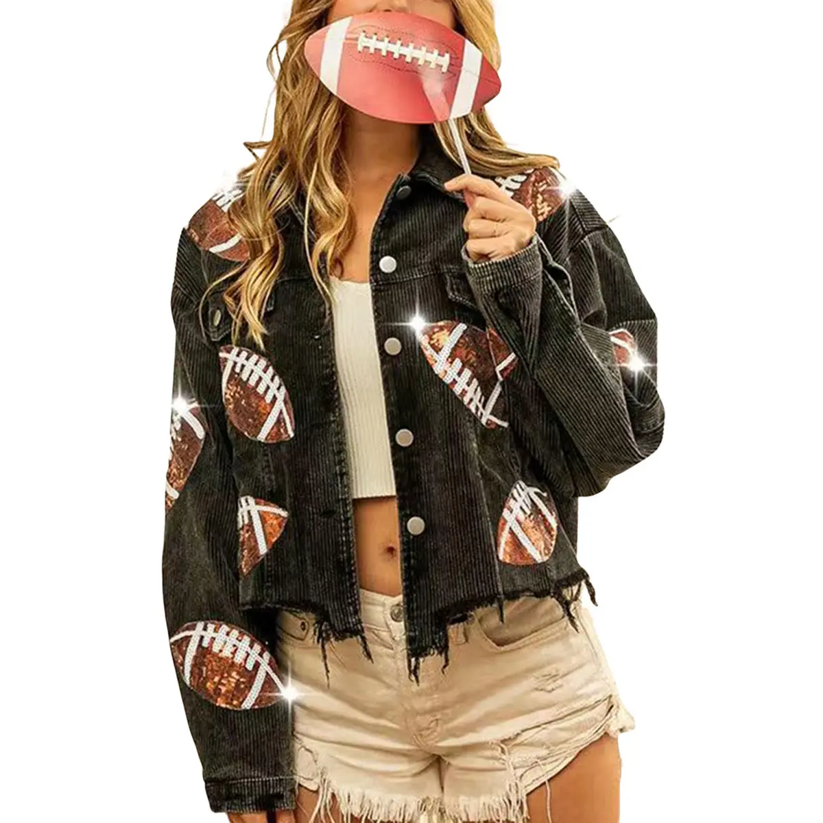 Naeduo Women's Casual Cropped Corduroy Shacket - Sequin Rugby Patch, Long Sleeve, Collared, Button-Down Vintage Outerwear, Sequined Rugby Patch, Tops, Club, Holiday, Lady, Halloween, Lapel, Thanksgiving