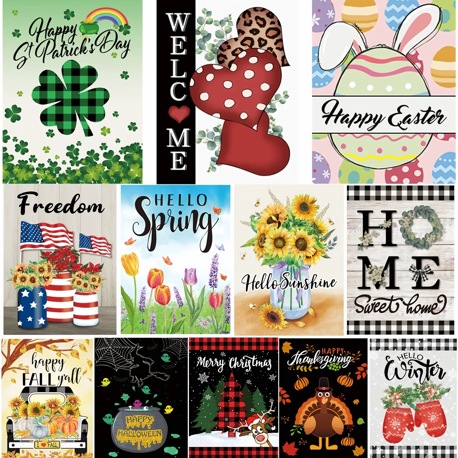 2D Door Banner Seasonal Garden Flags Set of 12 Double Sided 12 x 18 Inch/30 × 45 cm Yard Flags, Small Garden Flags for Outside, Fall Winter Halloween Christmas Outdoor Flags, Holiday Garden Flags for All Seasons