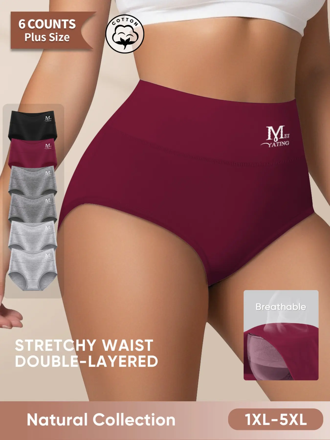 【Soft Cotton】Morelect  High-Waisted Underwear Set, 6-Pack, Sizes 1xl-5xl, Breathable & Comfortable, Seamless Triangle Panties for Women