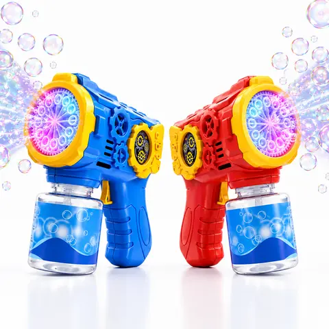 2 Pack Automatic Bubble Blasters with LED Lights and Bubble Solution, Red and Blue Bubble Toys for Outdoor Parties