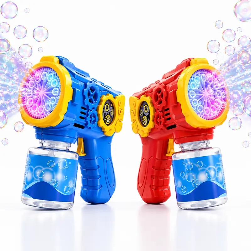 2 Pack Automatic Bubble Blasters with LED Lights and Bubble Solution, Red and Blue Bubble Toys for Outdoor Parties