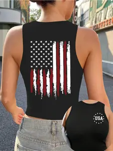 Women's American Flag Print Round Neck Tank Top, Trendy Casual Star Print Sleeveless Top for Daily Wear, Ladies Summer Clothes, Socks