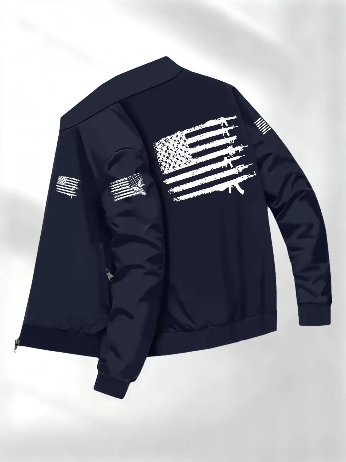 Men's Zipper Stand Collar Long Sleeve Jacket Coat, Outerwear Coats, Multiple Gun Flag Print, Graphic, Casual Daily Wear, Fitted, Comfortable Fit, Multifunctional Style, All Seasons Essential, Menswear