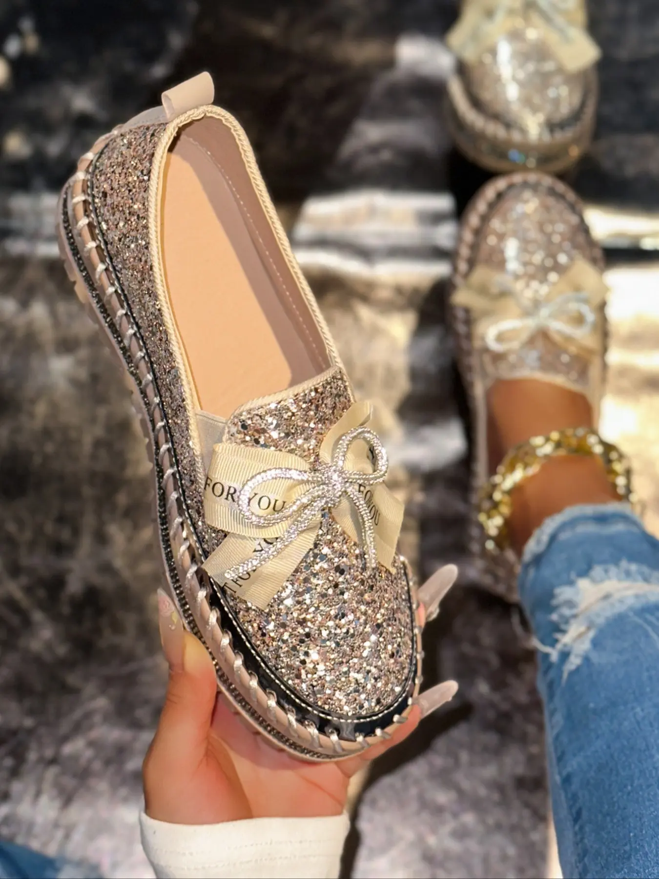 Women's Shiny Casual Elegant Round Toe Shoes, Comfortable All-Season TPR Sole Footwear, Casual Fall Shoes Women's Shiny Casual Elegant Round Toe Shoes, Comfortable All-Season TPR Sole Footwear, Casual Fall Shoes