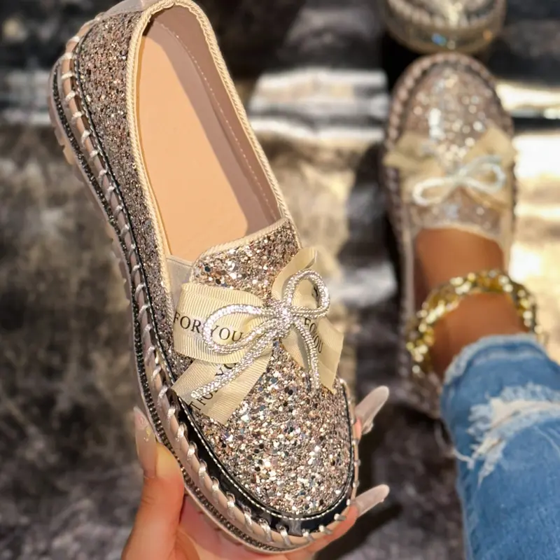 Women's Shiny Casual Elegant Round Toe Shoes, Comfortable All-Season TPR Sole Footwear, Casual Fall Shoes