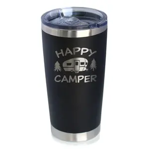 20oz Portable Double-Wall Stainless Steel Insulated Coffee Mug - Happy Camper Textured Coating Tumbler with Sliding Removable Lid, Stainless Vacuum Flasks for Kitchen Use
