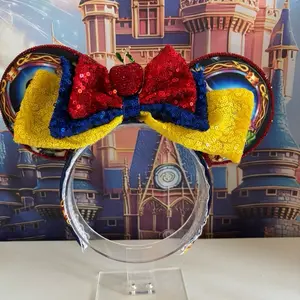 Princess Sequin Glitter Ears Blue Sequin Bow Mouse Headband With Red Rhinestone Apple
