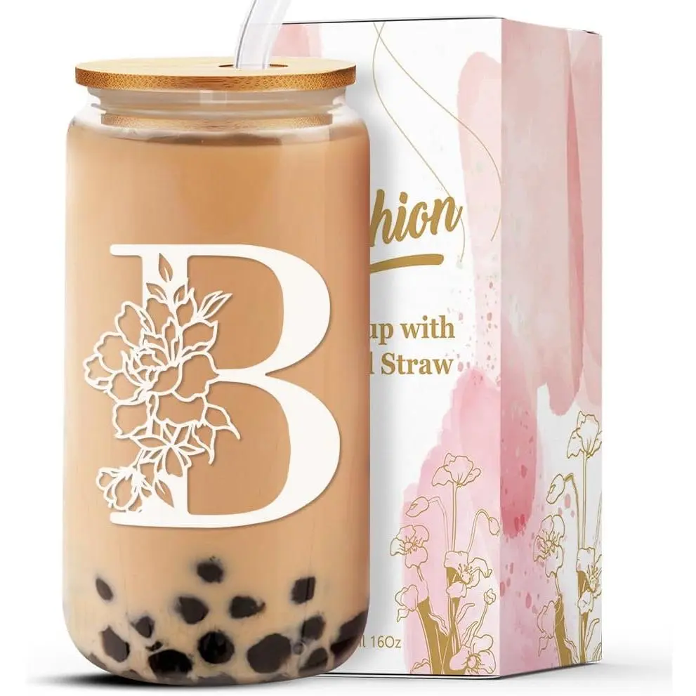 Personalized Glass Cup Women, Stylish 16 oz Glass Cups with Lids Straws,  for Iced Coffee, Smoothies, Christmas /Birthday Gifts for Teacher/Nurse/Mom/Sister/Aunt Letter B