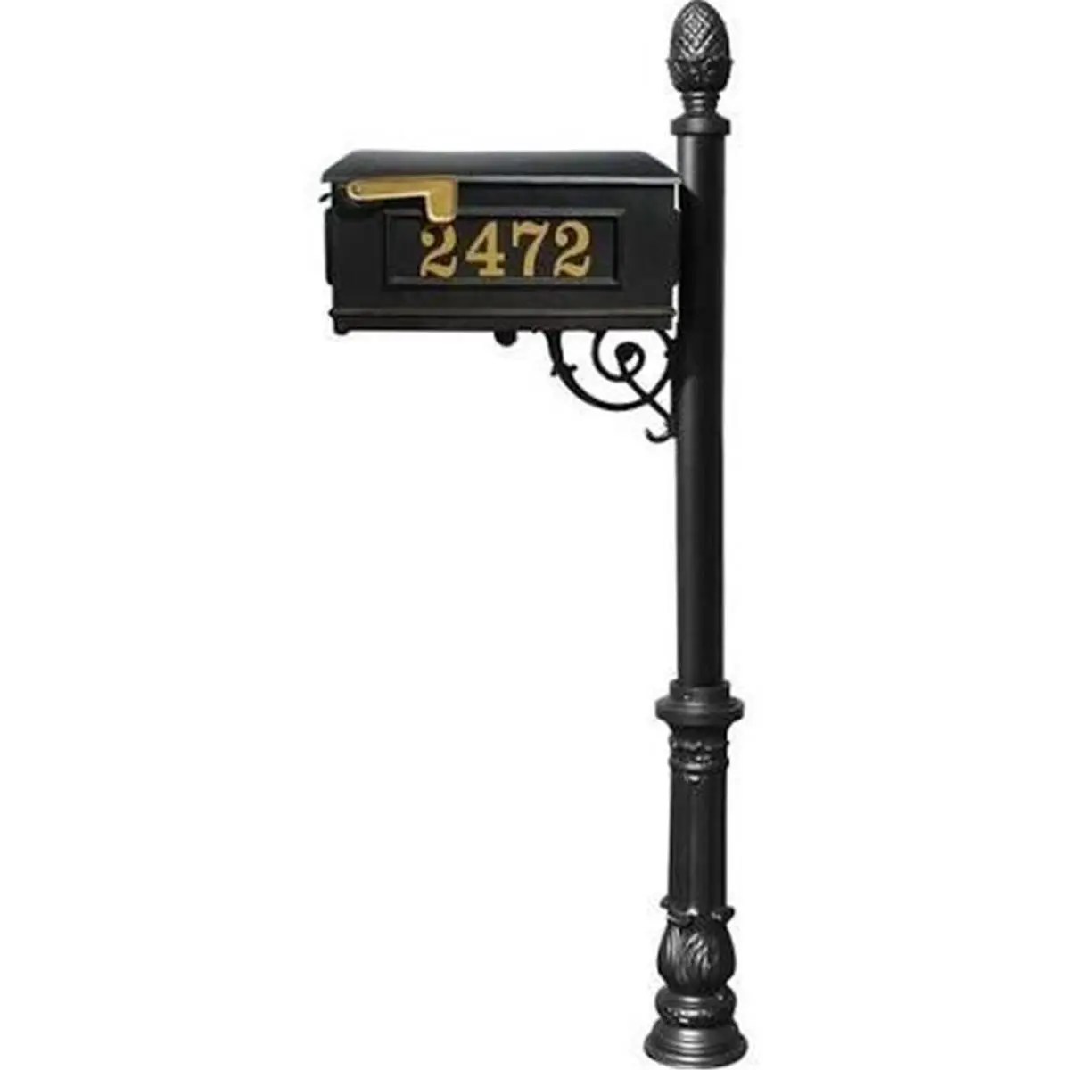 212 MAIN Lewiston LMCV-703-BL Ornate Metal Mailbox & Post System, Black - Pineapple Finial, Support Brace, Gold or White Vinyl Numbers, Water Resistant, 32 lbs, 5'2"H x 8"W x 20"D