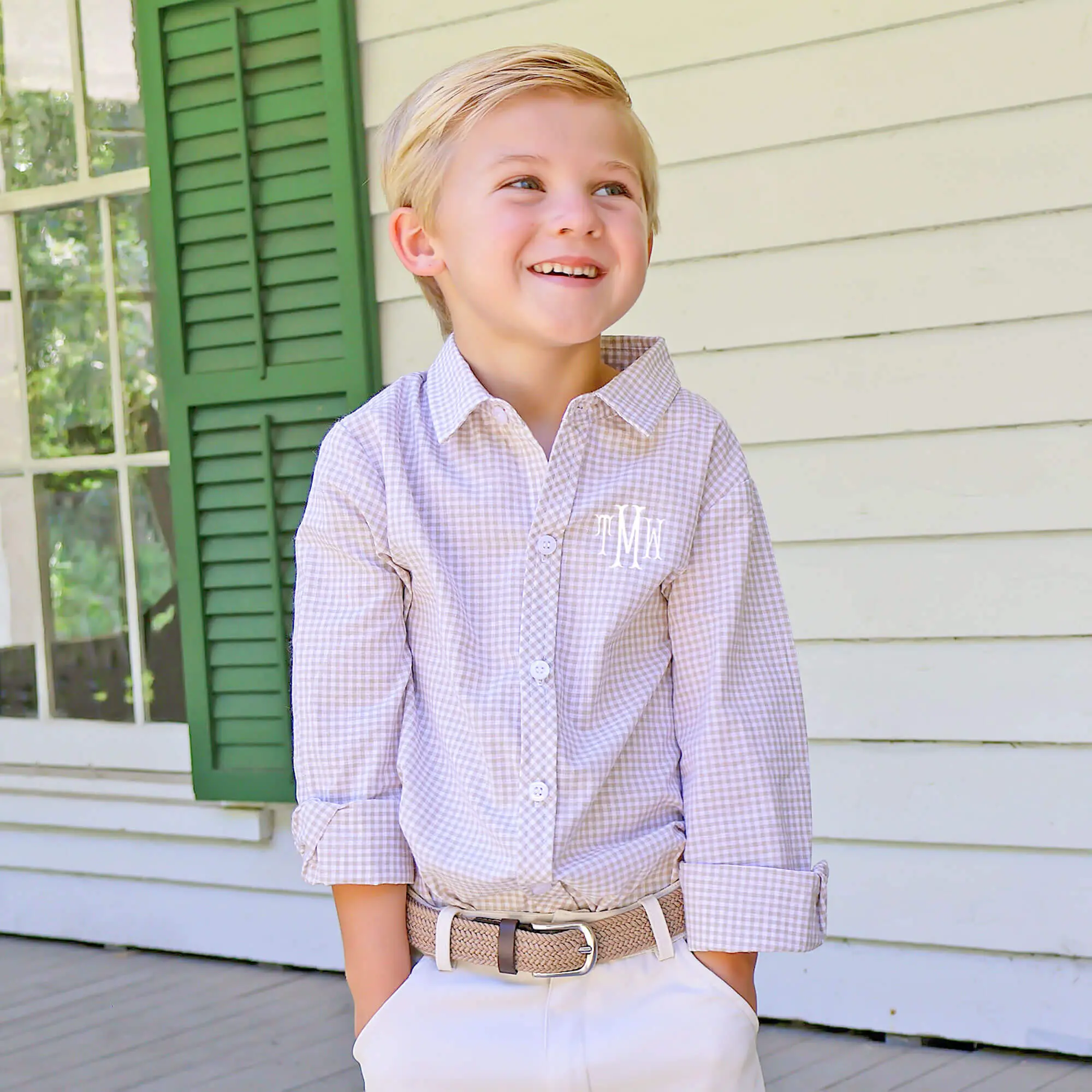 Gingham Button Down Shirt Tan - Classic Boys Collared Shirt