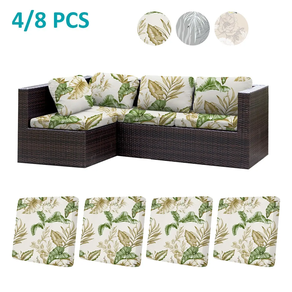 Floral Print Outdoor Sofa Cushion Covers Set, Patio Furniture Cushion Covers, Replacement Cushion Cover, 4 Piece/8 Piece, Multiple Patterns, Indoor & Outdoor Use, Living Room Garden Patio Decor, Washable Cushion Covers
