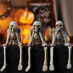 Halloween Skeleton Statues Set of 3 See Speak Hear No Evil Realistic Skull Decorations Resin Horror Collectible Figures for Home Party Decoration