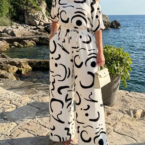 CHICME Women's Abstract Print Skew Neck Jumpsuit High Waisted Drawstring Wide Leg Romper with Pockets