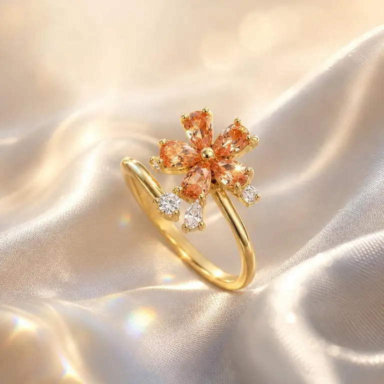 Women's Gold-Tone Crystal Orange Flower Spinner Ring - Adjustable Statement Costume Jewelry, Whimsical Jewelry, All-Day Fit Comfortable Accessory for Women, Womens Gifts, Rings For Women, Comfortable All-Day Fit