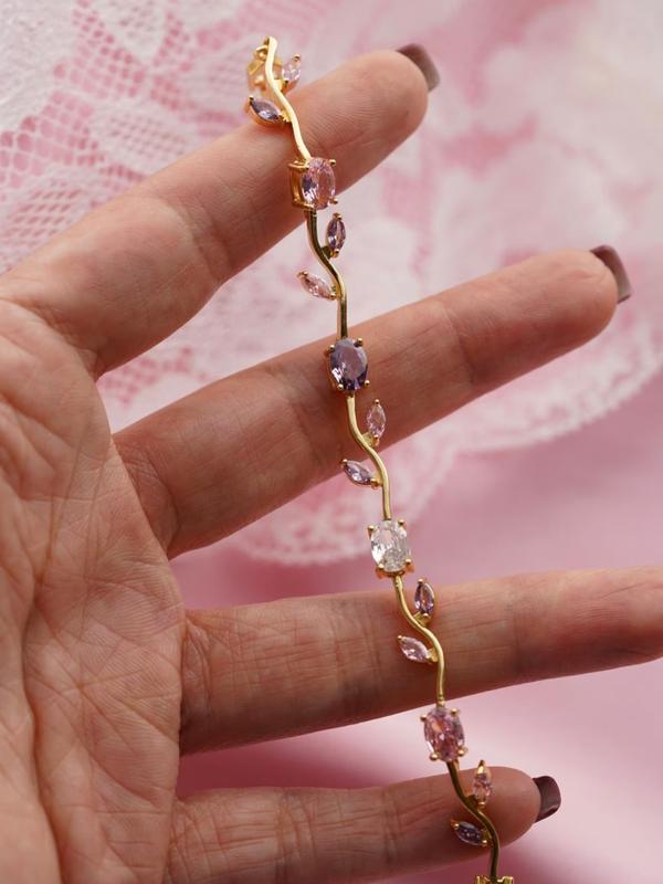 Gold Pastel Tulip Floral Bracelet-18K Coquette Flower Bracelet- Pink & Lilac Crystals – Fairytale Inspired Jewelry Gift for Her
