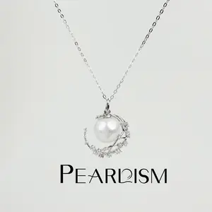 【Live】PEARLISM Trendy Dainty Edison Pearl Necklace 9.5-10.5mm Silver Star Moon CZ Hypoallergenic Dreamy Luxury Pendant for Work Dates or Parties-AFEP019