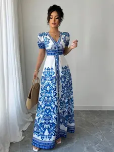 Plus Size Dress, Boho Style, All over Print, V Neck, Puff Sleeves, Waist Cinch, Floral Midi Dress, Elegant Middle Eastern Luxury Look, Chic