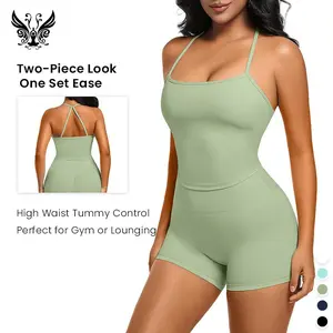 Yizhen Sports Cami & High-Waisted Shorts Set Slim-Fitting High Elastic Moisture-Wicking Women's Bodycon Workout Tracksuit Set for Gym Tennis Attire