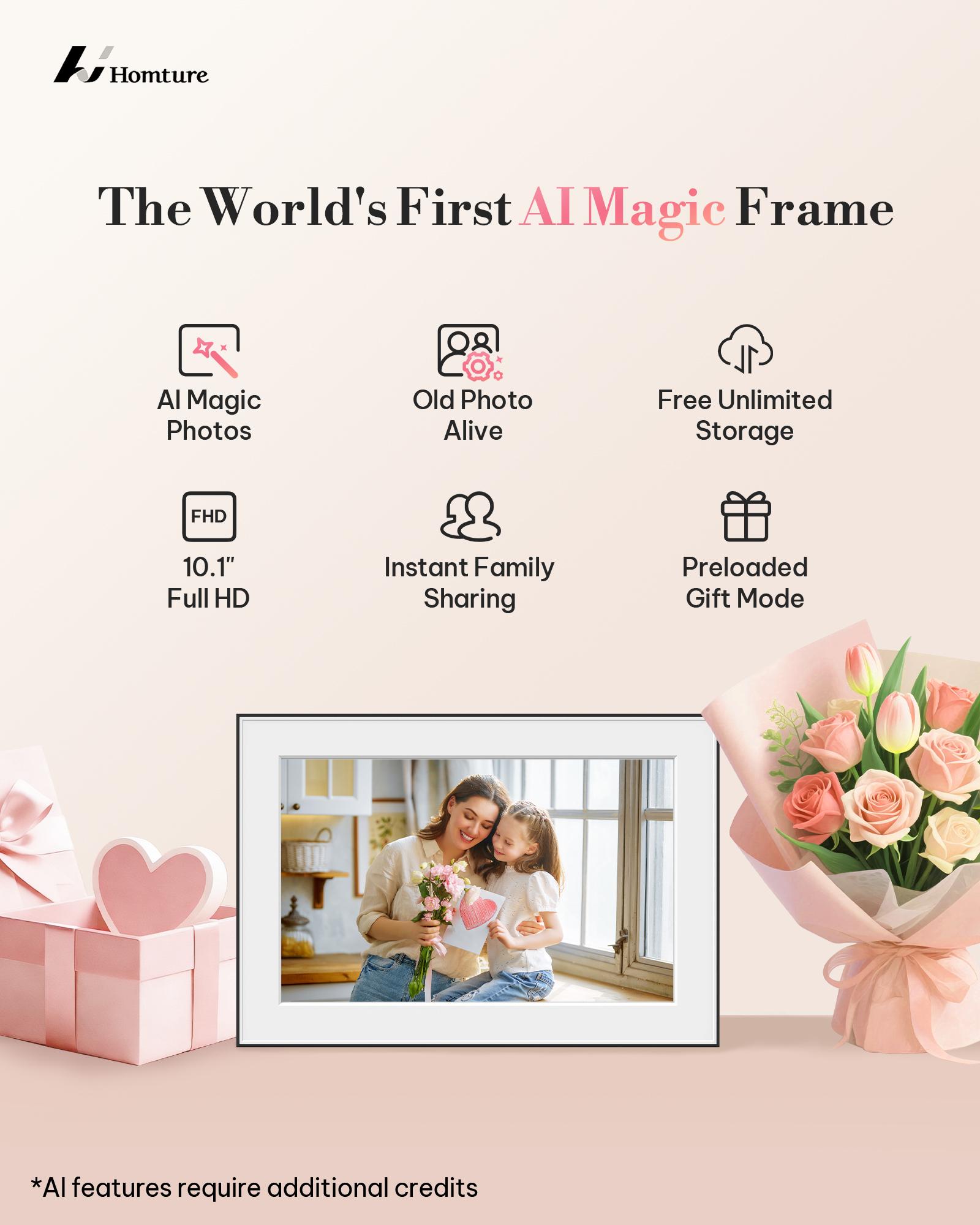 Homture Magic Frame - 10.1″ 1080P World's First AI Magic Digital Frame for Old Photo Restoration Unlimited Storage Instant Sharing Decor Full HD 1080P