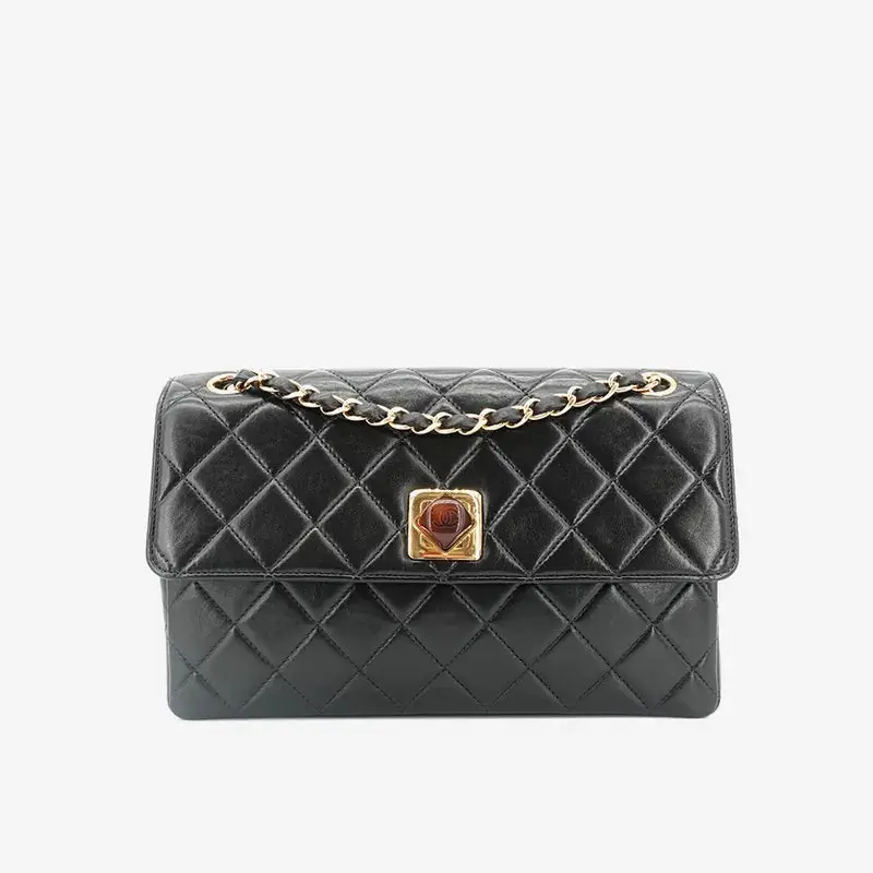 Pre-owned CHANEL Diamond Quilted Amber Square Lock Gold Hardware Shoulder Purse