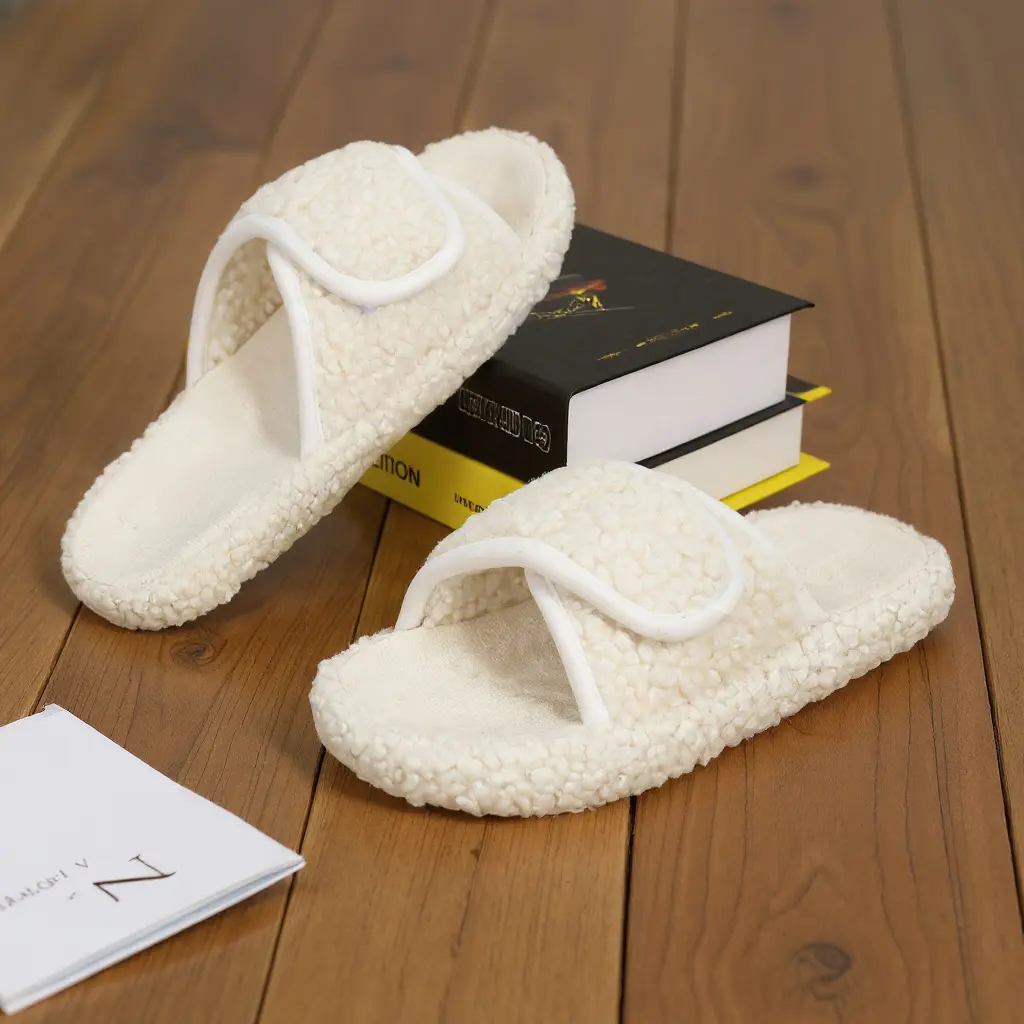 Women's Plush Cotton Home Slippers - Adjustable Velcro Strap Open Toe Slides, Warm Non-Slip Sole Indoor Footwear, Adjustable Strap, Minimalist Chic, Anti-Slip Grip, Casual Wear, Round Toe, Adapts To Home Surfaces, Slip-On Ease With Plush Home Style