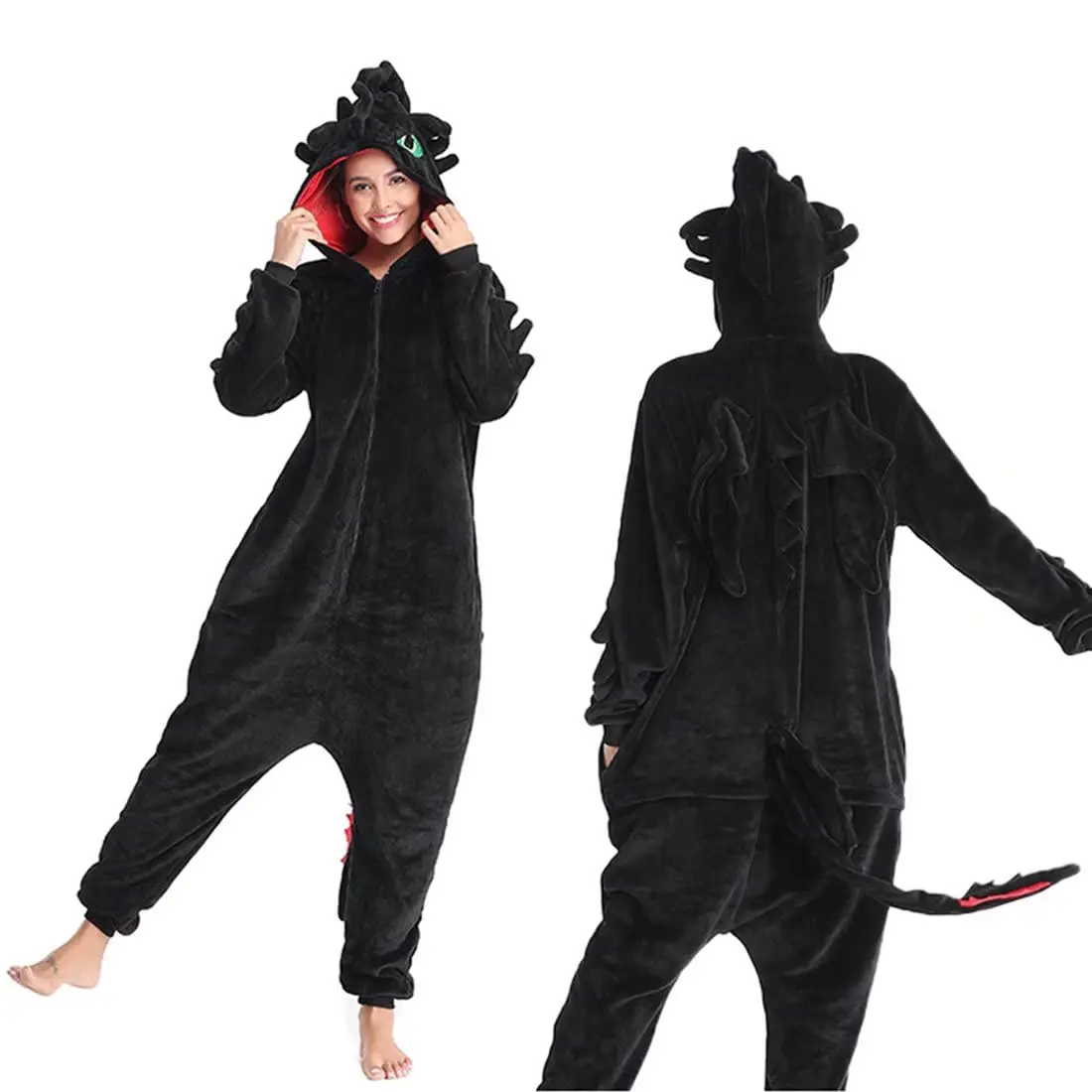 Kuberas Toothless Dragon Onesie Pajamas Adult Unisex Animal Flannel Jumpsuit Zipper Cosplay Costume Sleepwear Homewear Black