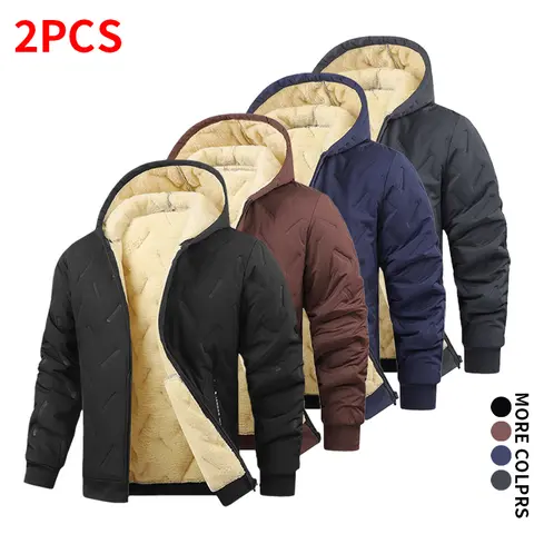 Men’s 2-Pack Sherpa-Lined Winter Coats, #SohoChic Trendy Menswear Tops with Full Zippers, Hoods - Warm Plain Casual Outerwear for Fall Street Outfits