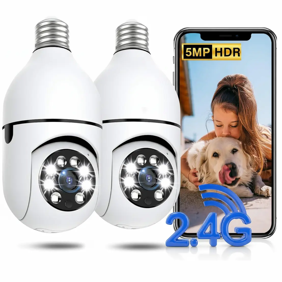 Light Bulb Security Camera 2 Pack 2.4GHz 2K Wireless Outdoor 360° PTZ Cameras for Home Security with Color Night Vision 2 Way Talk AI Human Detection Screw in Light Socket