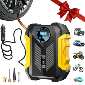 CaRSun Tire lnflator Portable Air Compressor Tire Air Pump ,22-cylinder 150PSI inflator pure copper motor digital display LED light carbon fiber textured 3 nozzle adapters 12V DC car plug fast inflation automatic shut-off integrated rear storage space  ti