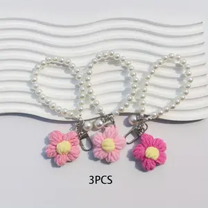 3/5/10pcs Multicolor Handmade Knitted Flower Keychains, Imitation Pearl DIY Bag Charms, Random Color, Perfect for Accessories