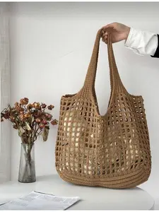 Lightweight Foldable Hollow Handmade Knitted Travel Bag Women Casual Crochet Tote Beach Bag Multi-Functional Knit Shoulder Bag Large Capacity Lunch Bag For Summer Vacation Dating Mesh Tote Bag