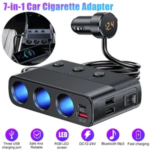 7-In-1 Car Charger Splitter with LED Voltage Display, Multi-Port Car Charger, 12V-24v Cigarette Lighter Socket Splitter, 3 USB Ports