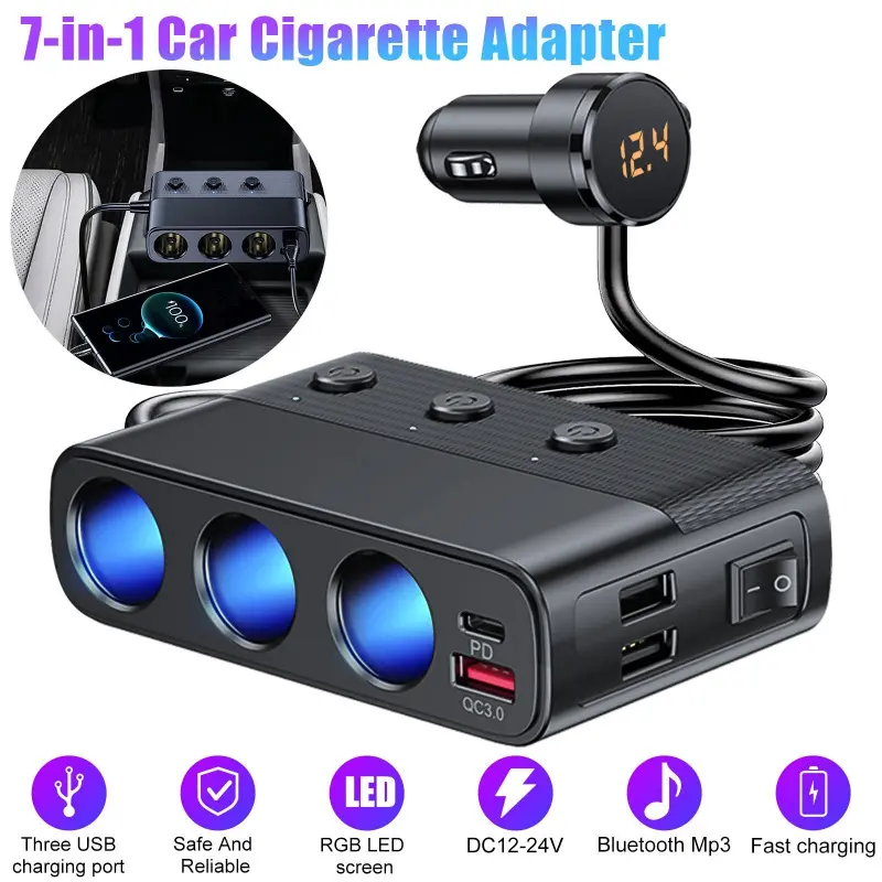 7-In-1 Car Charger Splitter with LED Voltage Display, Multi-Port Automotive Car Charger, Vehicle Charger, 12V-24v Cigarette Lighter Socket Splitter, 3 USB Ports, Car Charger Adapter, Car Charging Hub, Charger For Car