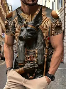 Men's Anubis God Egyptian Gold Relief 3D Print T-Shirt 2026 Viral Street Mystic Ancient Casual Versatile Slim Fit Muscle Four Seasons Essential Handsome Top