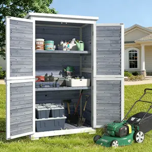 GIZOON Wooden Outdoor Storage Cabinet with 2 Removable Shelves Double Lockable Doors Waterproof Roof for Yard Patio Lawn Deck Grey
