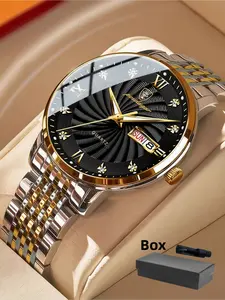 Men's Business Fashion Round Dial Stainless Steel Strap Quartz Luminous Analog Watch, Business Fashion Watches, Classic Black Dial Calendar Function for Party, Daily Decor, Birthday Gift