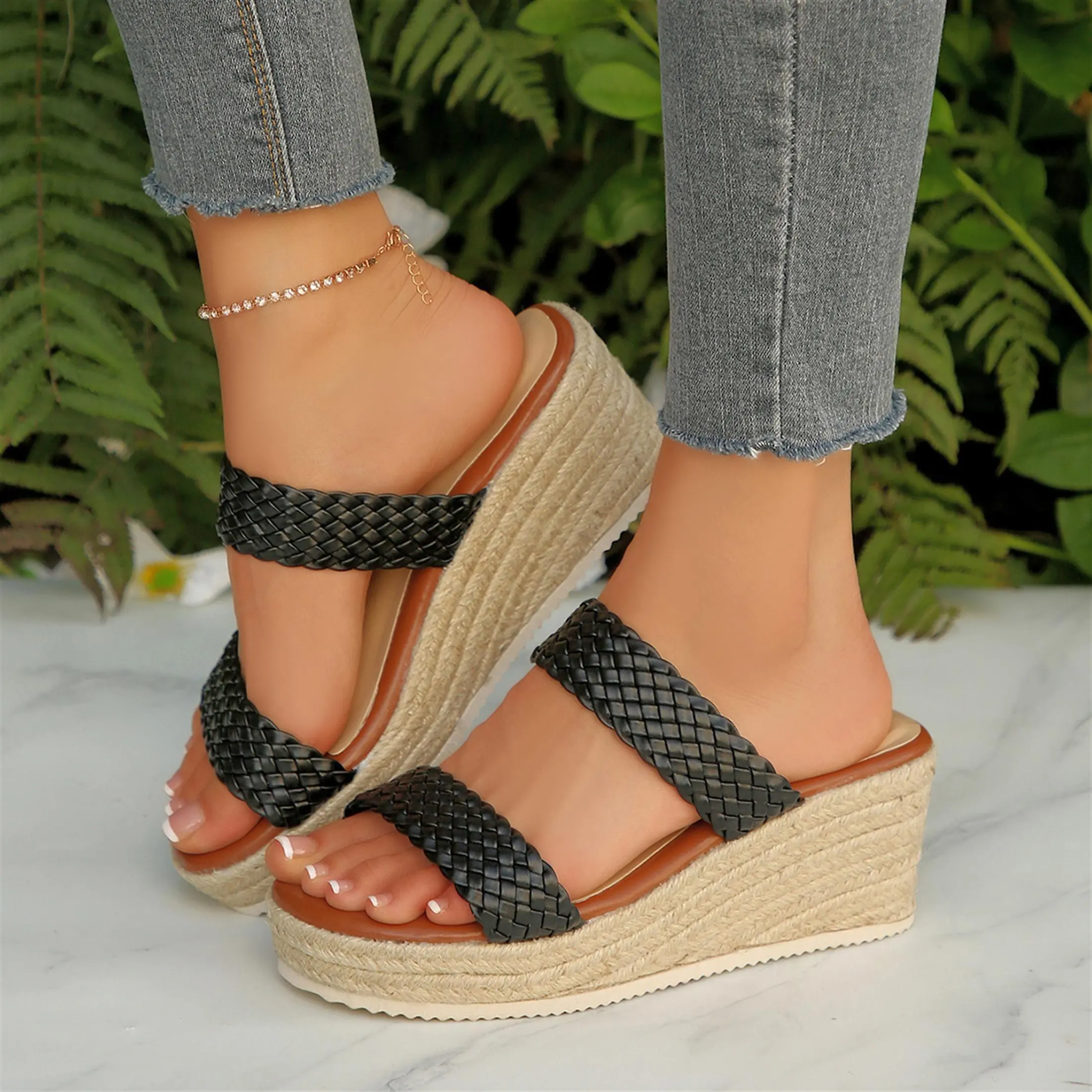 Women's Casual Wedge Heel Sandals Double Woven Strap Espadrilles Comfortable Wedge Heel Summer Shoes
