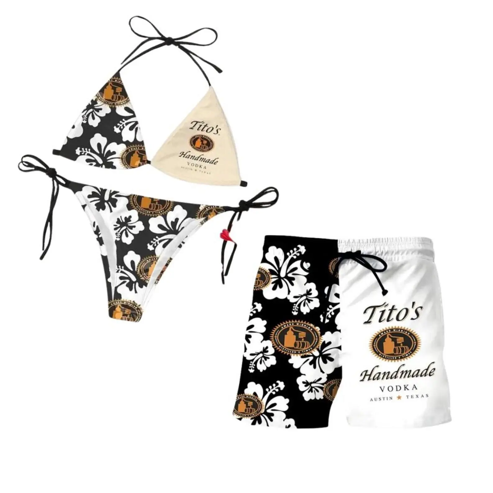 Titos Handmade Swimwear Set Featuring Iconic Beverage Graphics, Adjustable Triangle Bikini Top, and Coordinating Split-Design