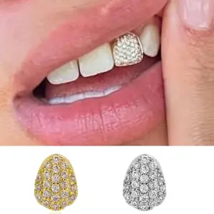 Iced out Single Full CZ Stone Teeth Grillz Hip Hop Jewelry Shiny Zircon Fangs Caps for Women And Men Two 